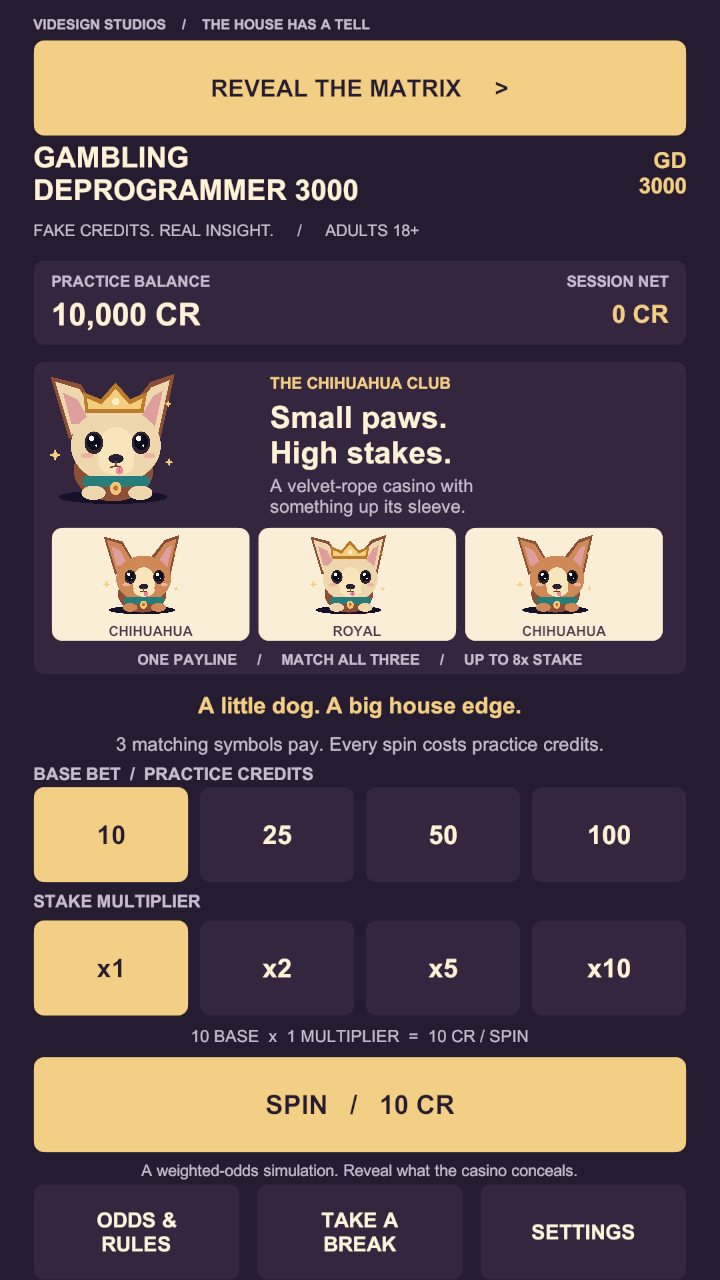 Actual app screen in Chihuahua Club mode, with practice balance, three reels and stake controls