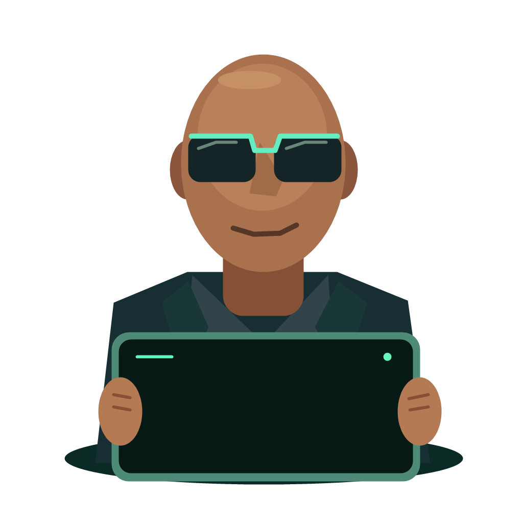 A bald Black guide with glasses holding a screen