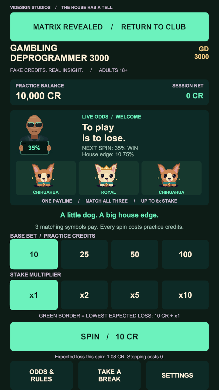 Actual Matrix Mode screen showing the guide, next-spin win probability, house edge and lowest-stake highlights