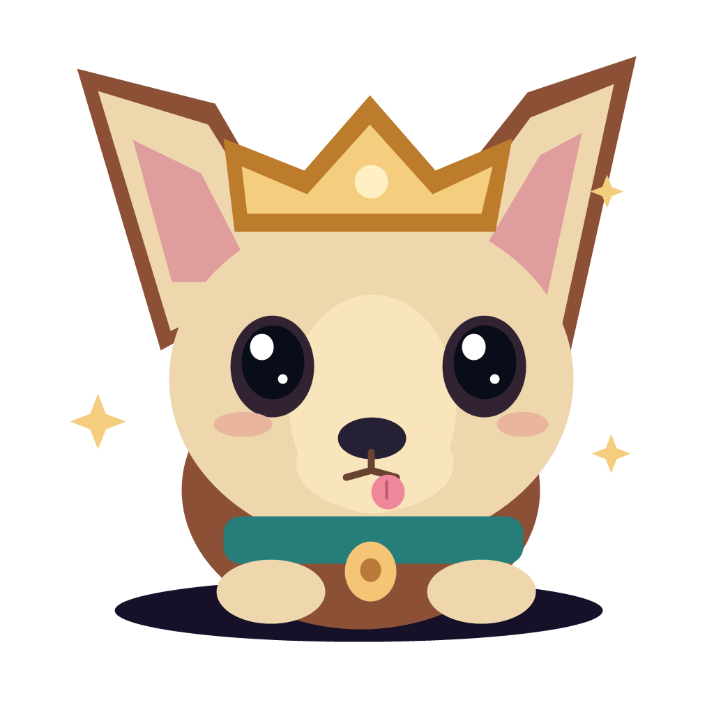 An illustrated chihuahua wearing a gold crown