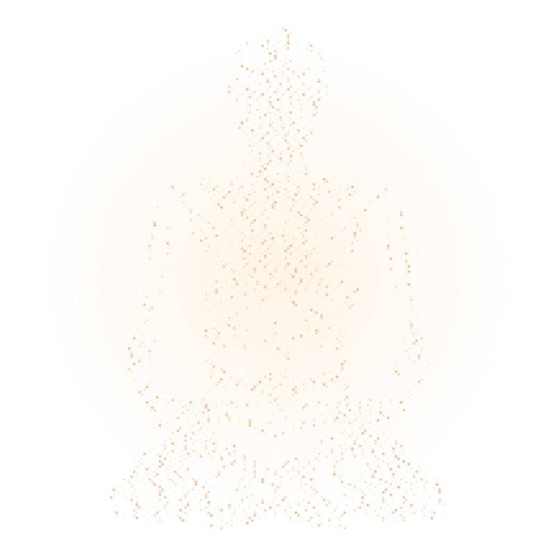 A figure made of glowing particles, seated in meditation